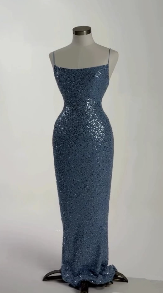 Glamorous Spaghetti Straps Sequins Sheath Long Prom Dress,Blue Party Evening Dress cc2941