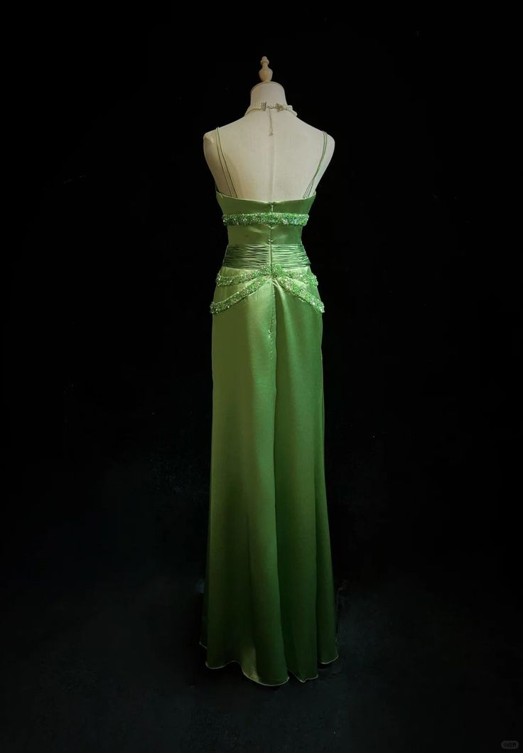 Vintage Green Satin Beaded Party Prom Dress,Spaghetti Strap Evening Dress cc2993