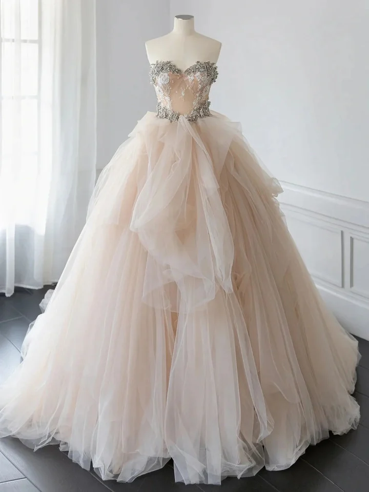 Light Champagne Strapless Beaded Tulle Quinceanera Dress Birthday Ball Gown cc2062