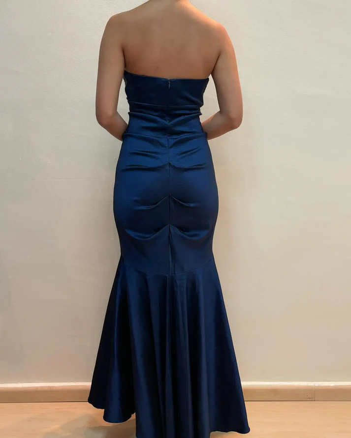 Elegant Navy Blue Ruched Mermaid Long Prom Dress Vintage Party Evening Gown cc2282