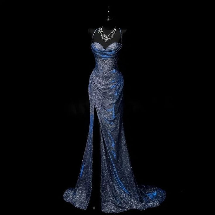 Pretty Mermaid Spaghetti Straps Navy Blue Satin Slit Party Dress cc3016