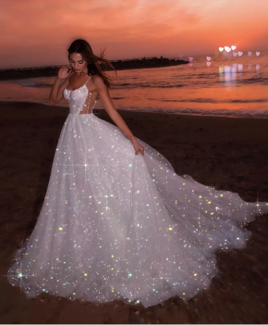 Sparkly Shite Tulle Sequins Prom Dress,Long A Line Wedding Dress Evening Dress cc2468