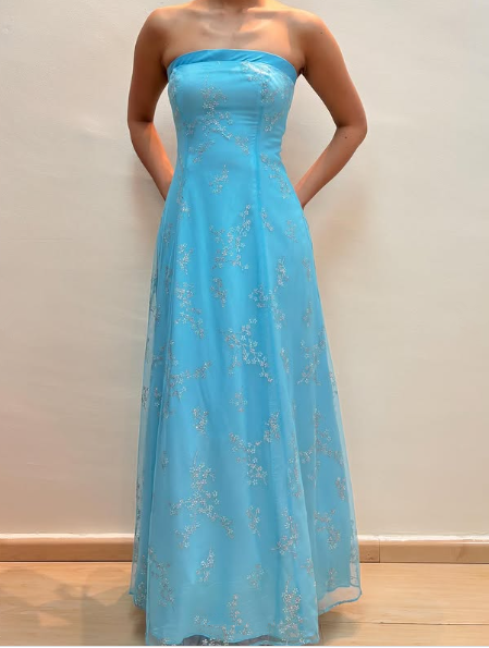 Chic Strapless Blue A Line Tulle Sequins Party Dress,Formal Prom Evening Dress cc2608