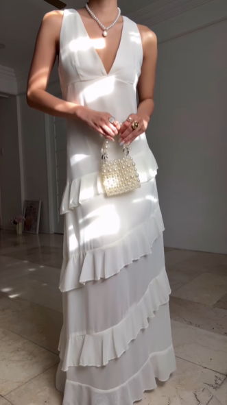 Classy White V Neck Ruffles Party Evening Dress,Formal Prom Dress cc2927