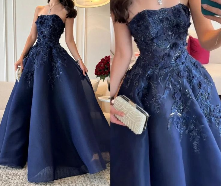 Gorgeous Navy Blue Strapless Appliques Evening Dress Birthday Ball Gown cc2735