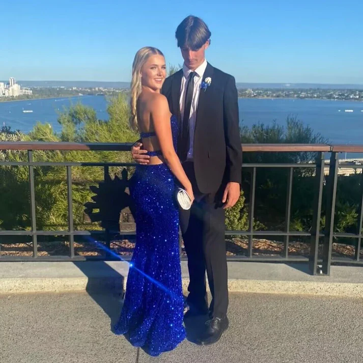 Sexy Royal Blue Backless Sequin Mermaid Prom Dress Slit Party Evening Gown cc1968