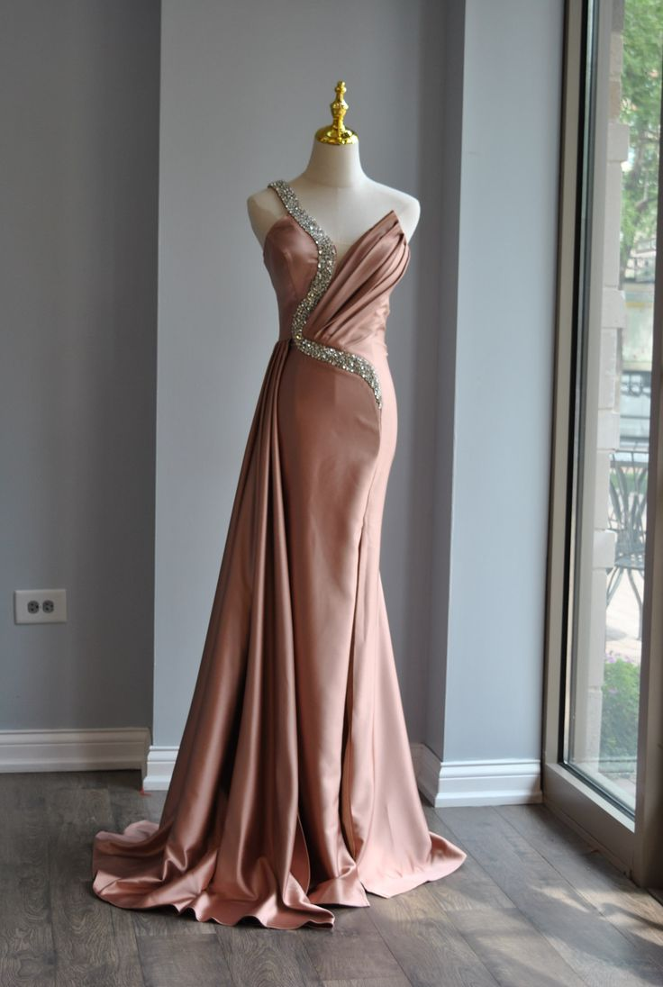 Vintage One Shoulder Satin Beaded Mermaid Prom Dress,Rose Pink Evening Dress Party Gown cc2964