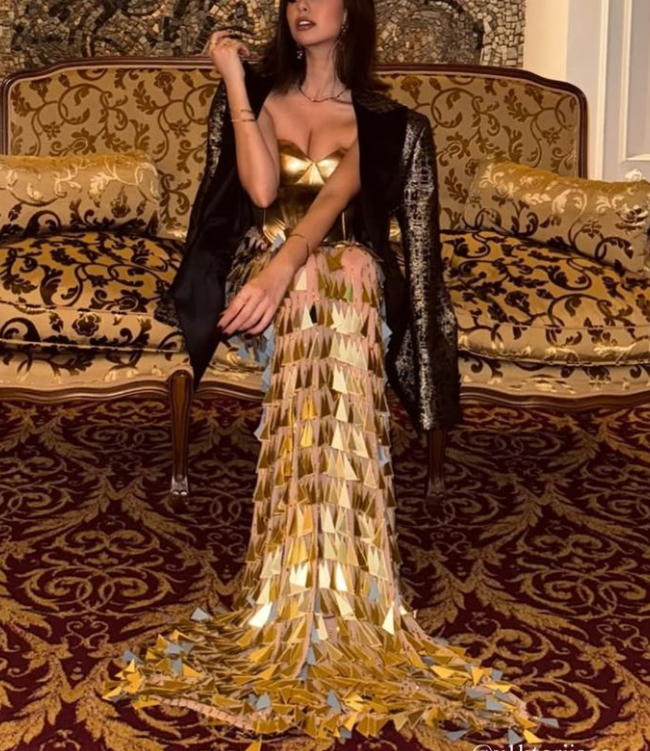 Luxurious Gold Satin Sequins Evening Dress,Strapless Mermaid Prom Dress cc2475
