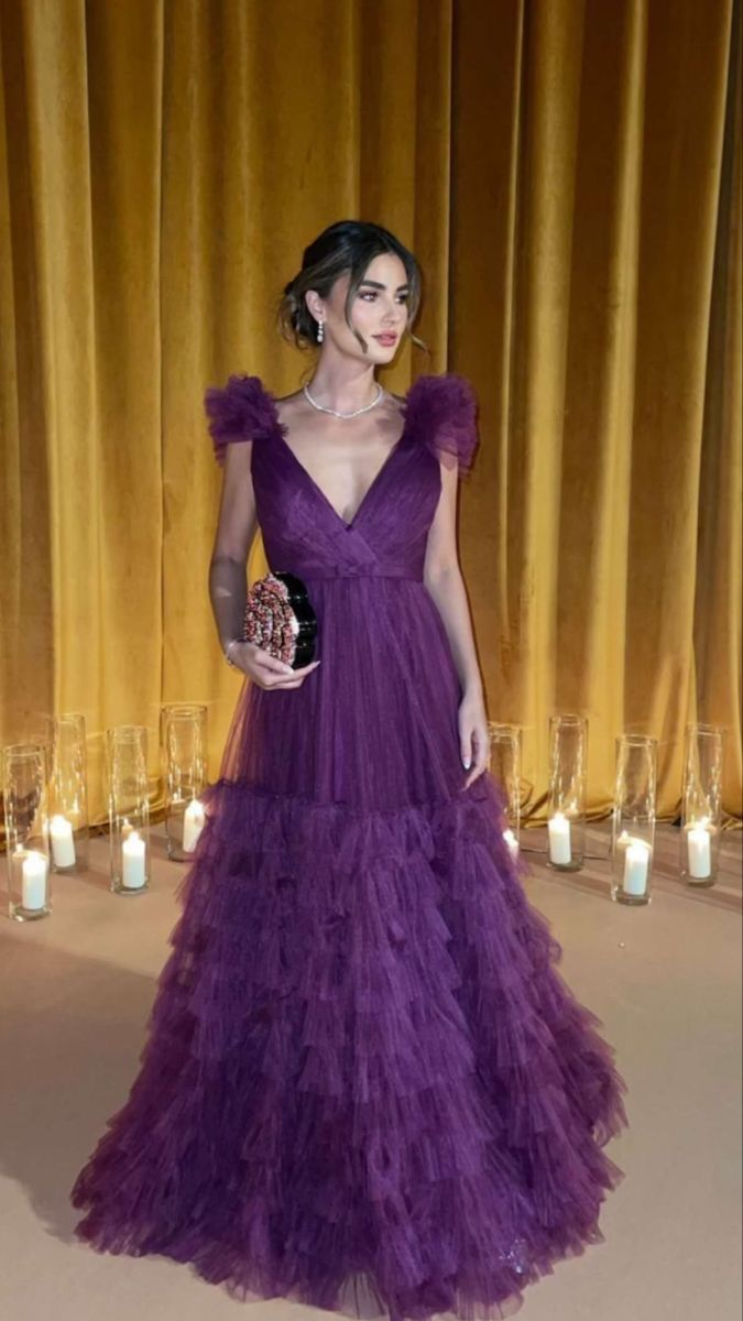 Sexy Deep V Purple Tulle Layered party Prom Dress,A Line Evening Gown cc2700