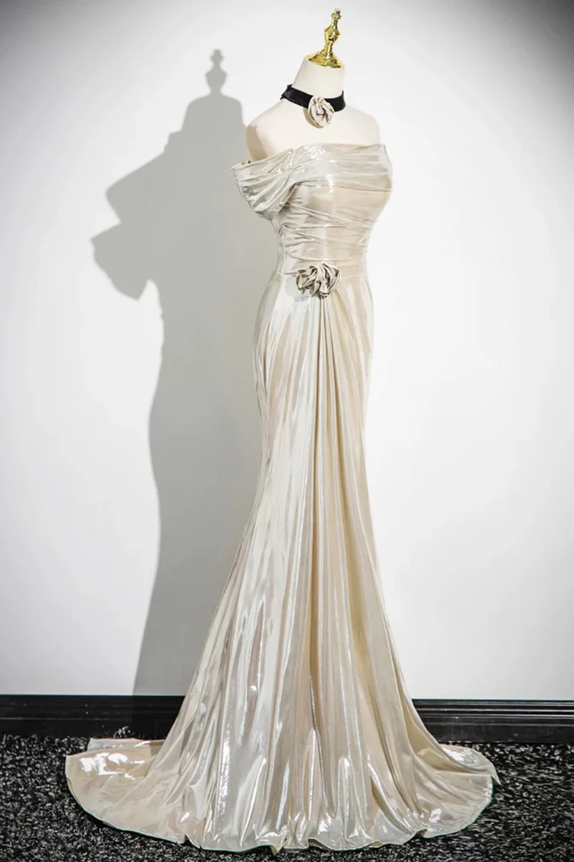 Champagne Off The Shoulder Satin Party Dress, Elegant Mermaid Evening Dress cc2647
