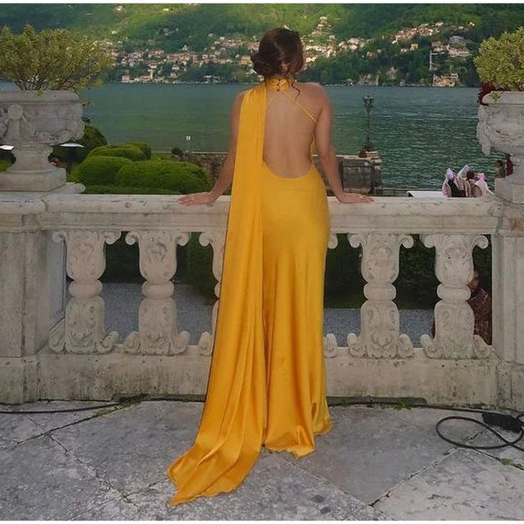 Sexy Halter Yellow Satin Backless Mermaid Evening Dress,Long Party Dress cc2900