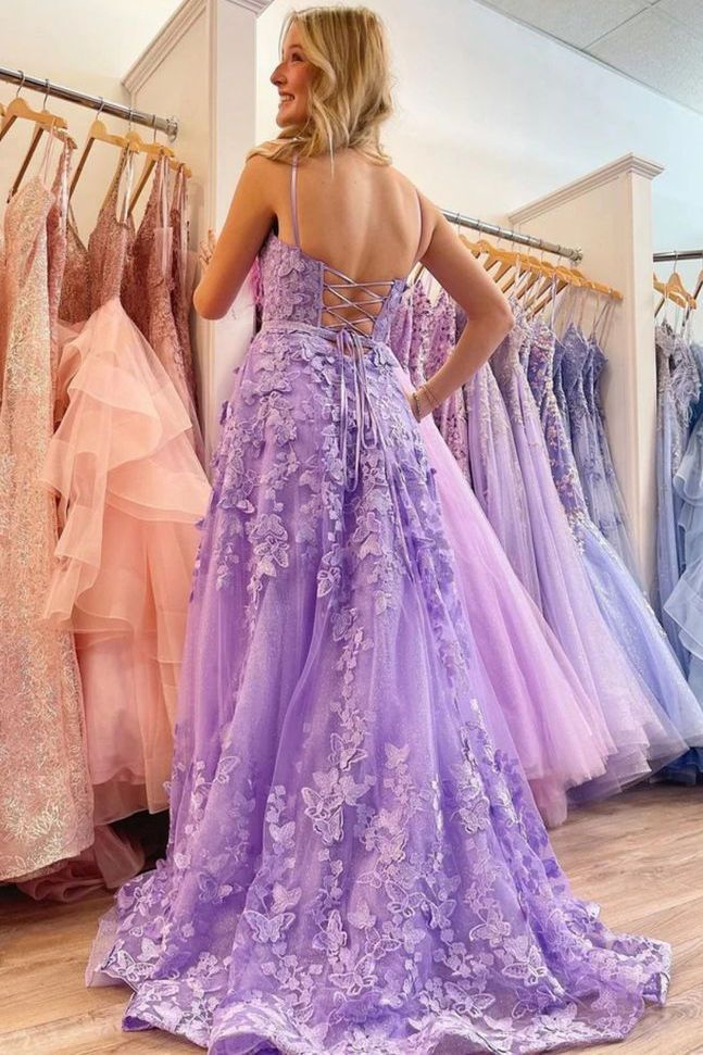 Spaghetti Straps Tulle Lace Appliques Evening Dress Lavender A Line Prom Party Dress cc2451