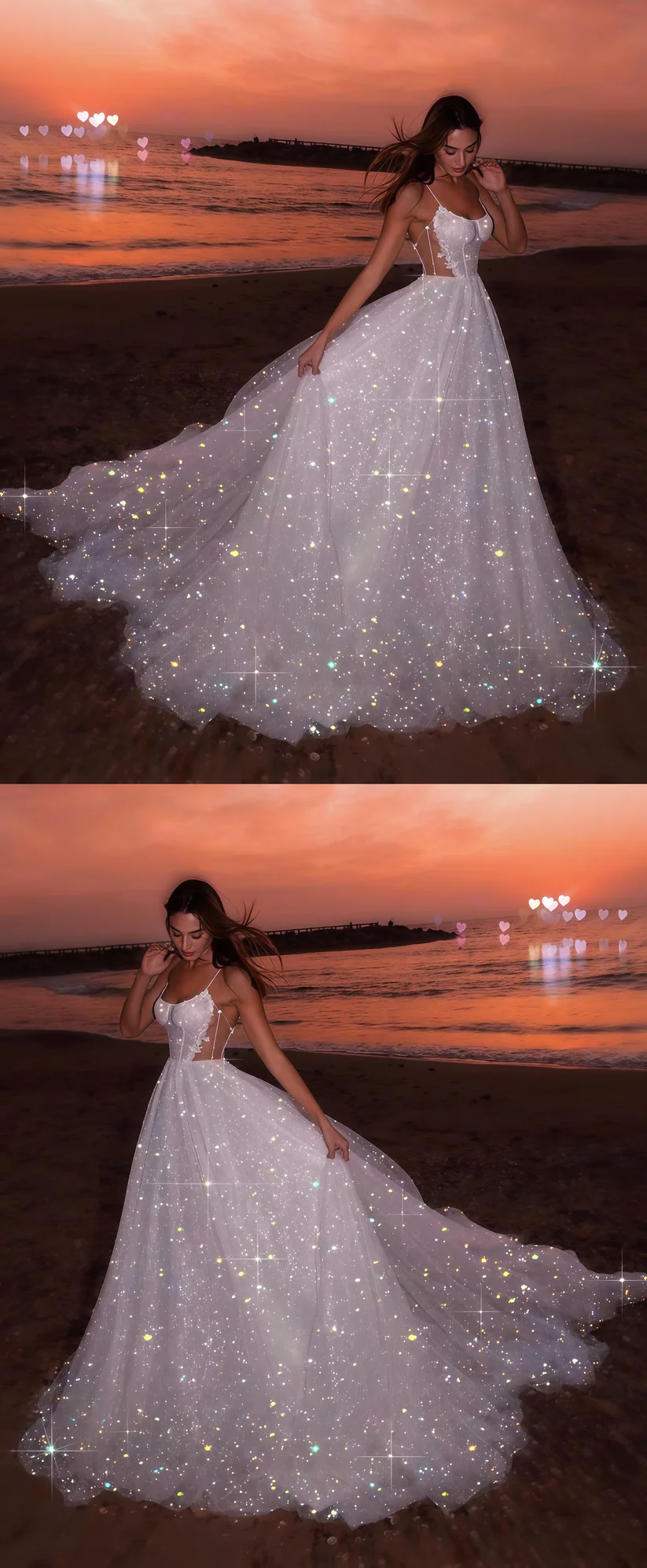 Sparkly Shite Tulle Sequins Prom Dress,Long A Line Wedding Dress Evening Dress cc2468