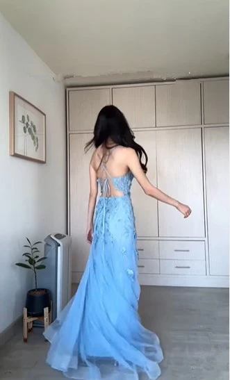 Charming Blue Mermaid Tulle Appliques Evening Dress,Long Prom Party Dress cc2585