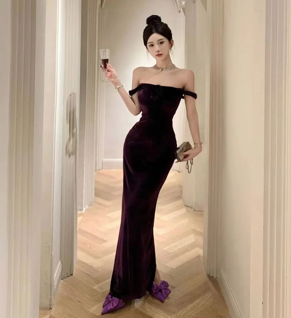 Purple Elegant Off Shoulder Mermaid Evening Dress,Velvet Slit Mermaid Party Prom Dress cc2604