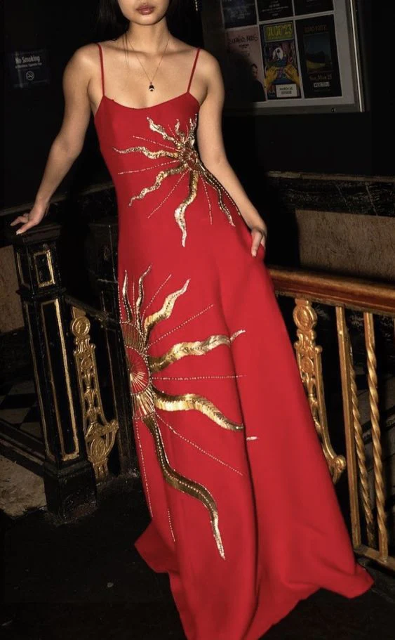 Gorgeous Red Satin Gold Sequins Prom EVening Dress,Formal Party Gown cc2649