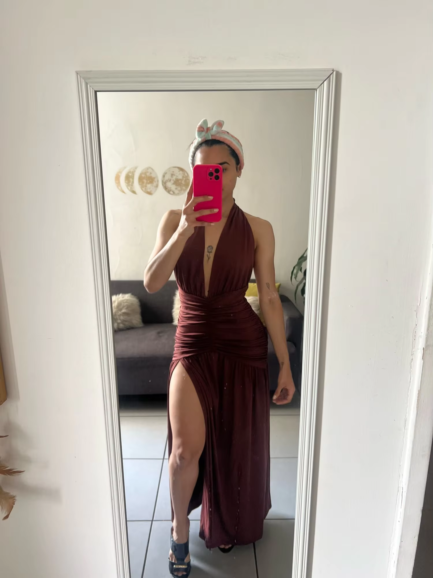 Sexy Halter Backless Party Evening Dress,Brown V Neck Slit Prom Dress cc2915