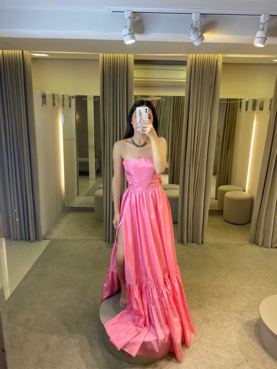 Simple Pink Long A Line Prom Dresses Strapless Sleeveless Club Gowns Side Slit Formal Party Night Evening Dress cc522