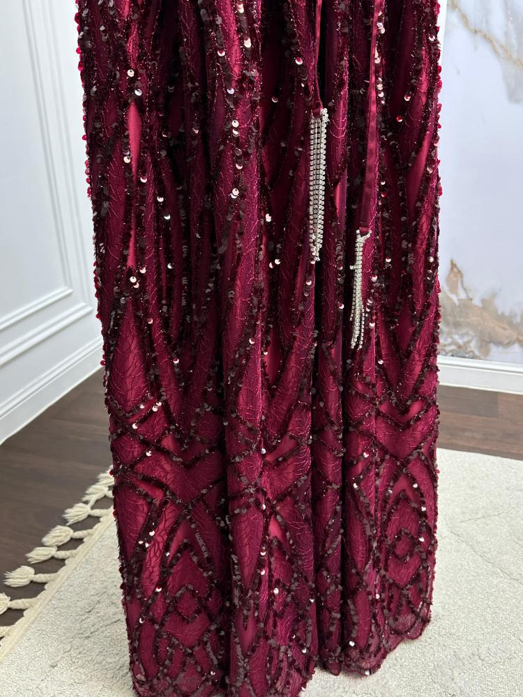 Vintage Burgundy Satin Sequin Evening Dress Formal Prom Dress cc3013