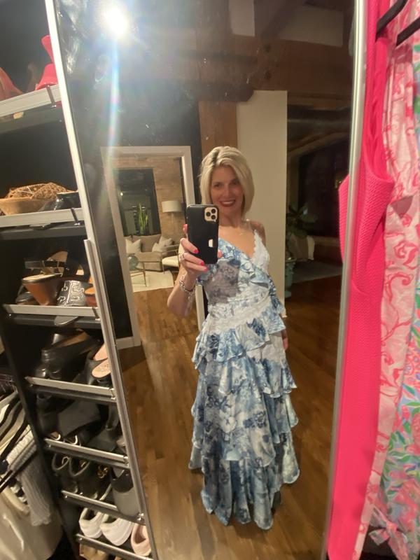 Vintage Blue Satin Print Tiered Ruffles A Line party Dress,Spaghetti Straps Prom Evening Dress cc2894