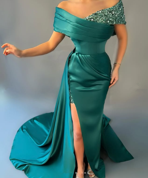 Unique Green Off Shoulder Satin Sequins Prom Dress,Mermaid Slit Party Evening Dress cc2971