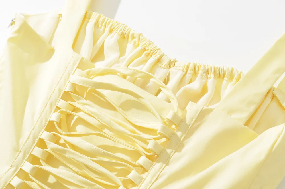 Yellow Ruched Bow Backless Sexy Midi Prom Dress cc669