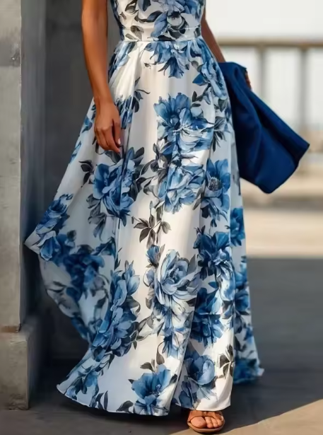 Vintage Satin Print Floral Sleeveless Party Evening Dress,Blue A Line Prom Dress cc2917