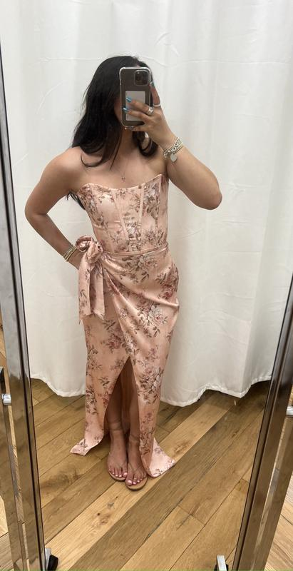 Fuchsia Printed Corset Front-Slit Satin Sheath Prom Dress,Formal Party Evening Dress cc2898