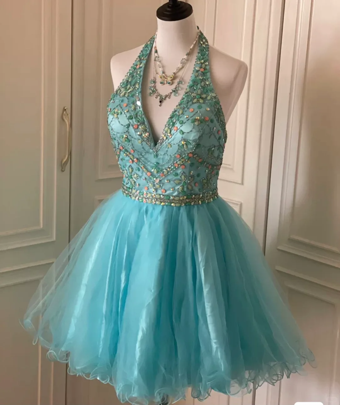 Vintage Blue Halter Tulle Beaded A Line Short Party Dress Formal Homecoming Dress cc3174