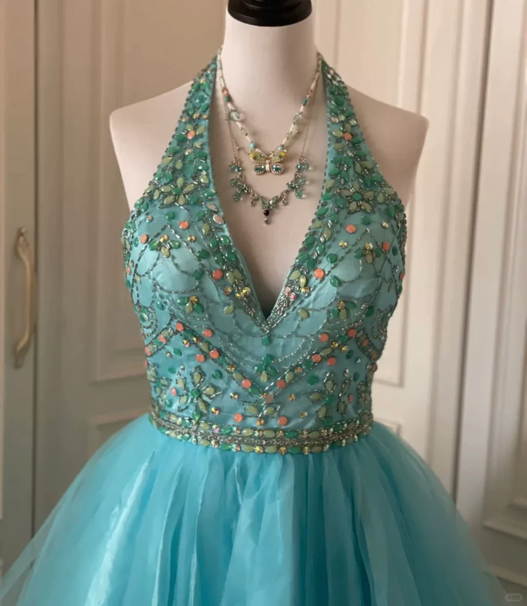 Vintage Blue Halter Tulle Beaded A Line Short Party Dress Formal Homecoming Dress cc3174
