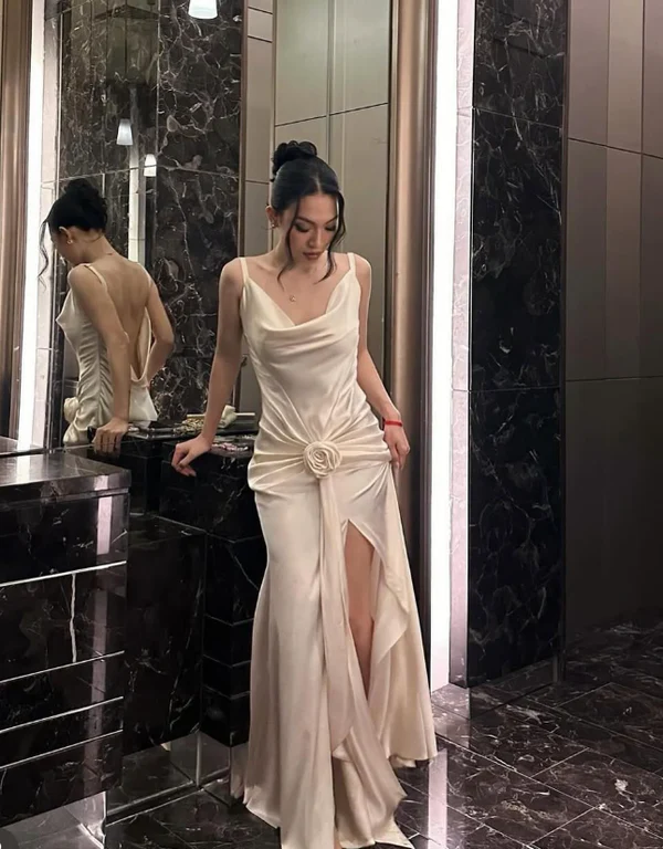 Classy White Satin Pleated Mermaid Wedding Dress,Backless Slit Party Evening Dress cc2696