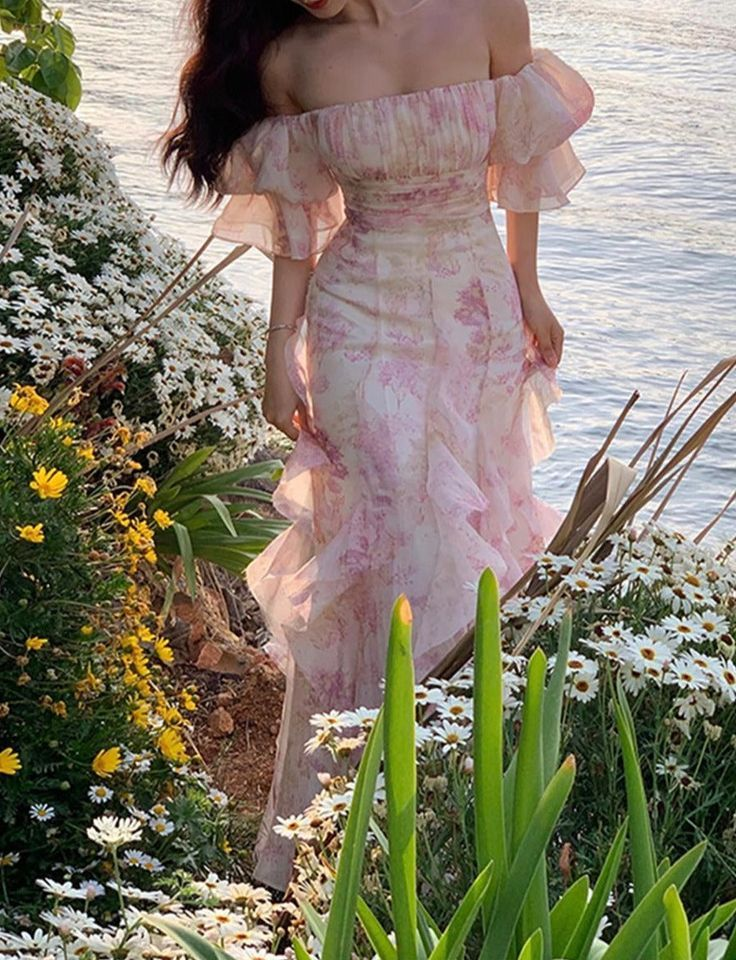 Pretty Chiffon Print Flowers Pink Prom Dress Long Party Evening Dress cc2363