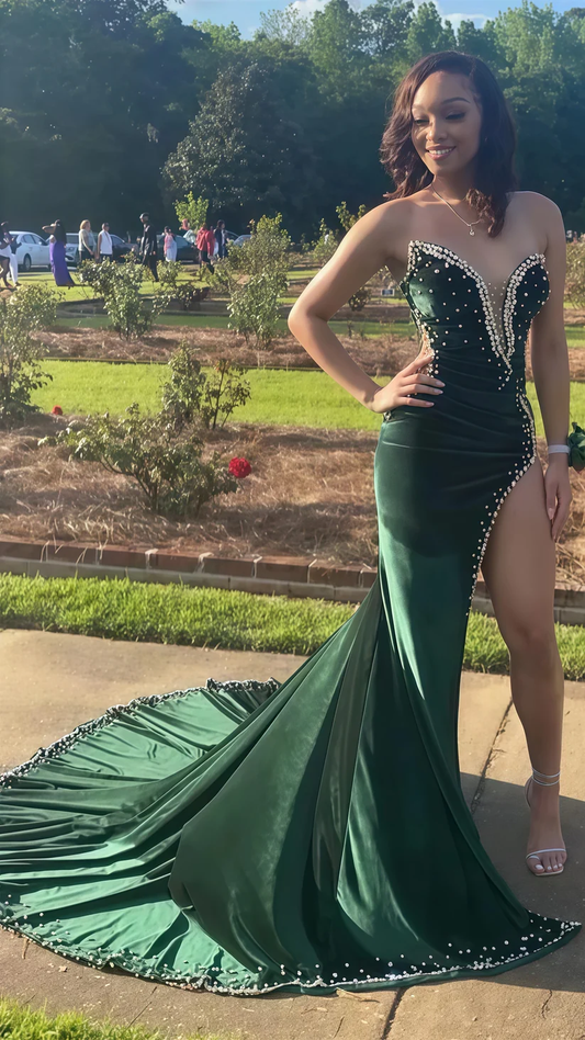 Black Girl Prom Dresses Long Mermaid Green Prom Gown With Train cc371