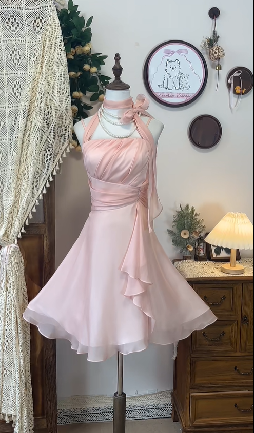 Classy Pink Halter Chiffon A Line Homecoming Dress Short Birthday Dress cc3082