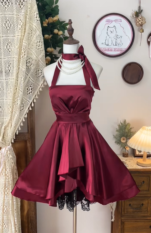 Vintage Burgundy Satin Lace A Line Homecoming Dress Halter Cocktail Dress cc3083