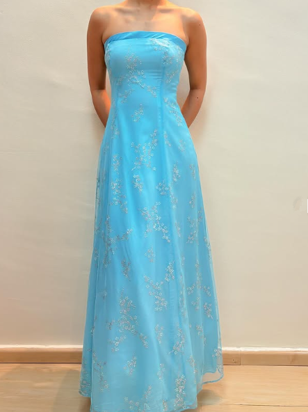 Chic Strapless Blue A Line Tulle Sequins Party Dress,Formal Prom Evening Dress cc2608