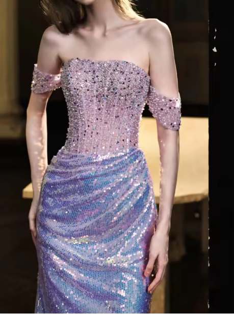 Glitter Sequins Beaded Mermaid Evening Dress,Lilac Off Shoulder Party Prom Dress cc2636