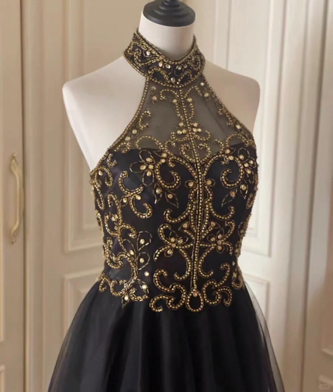 Charming Sleeveless Halter Tulle Beaded Cocktail Dress Black Homecoming Dress Birthday Outfits cc3176