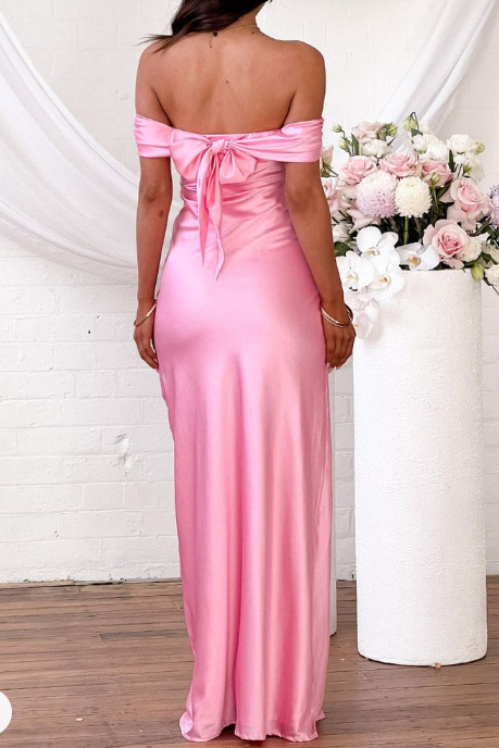 Chic Pink Off The Shoulder Satin Sheath Evening Dress,Long Prom Dress cc2553