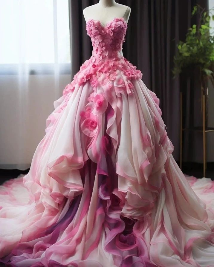 Gorgeous Ombre Pink Sweetheart Chiffon Appliques Ball Gown,Strapless Prom Evening Dress cc2991