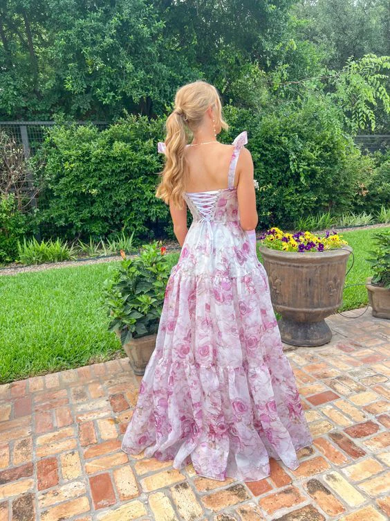 Classy Rose Print Floral Chiffon A Line Prom Evening Dress,Long Party Gown cc2951