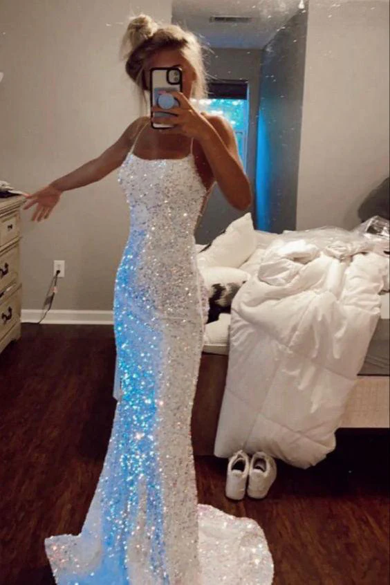Beautiful White Sequins Long Prom Dress,Formal Party Evening Gown cc2541