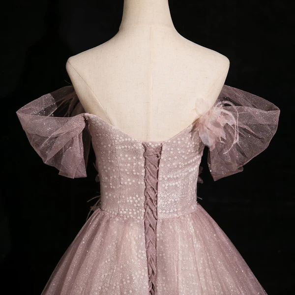 Pink Tulle Sequins Off the Shoulder Butterfly Flower Prom Dress Sweet Ball Gown cc2431