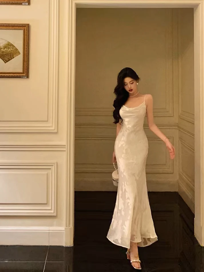 Elegant Mermaid Floral Ivory Satin Prom Dress Spaghetti Straps Party Gown Birthday Outfit cc1504