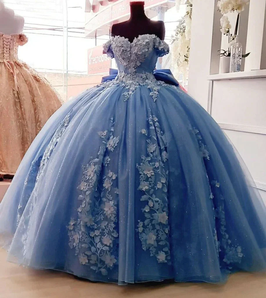 Blue Tulle Floral Flower Lace Appliques Off Shoulder Ball Gown Quinceanera Dress With Bow cc1728