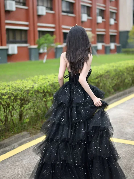 Glitter Black Tulle Layered Long Prom Dress Slit Fairy Ball Gown Party Dress cc1512