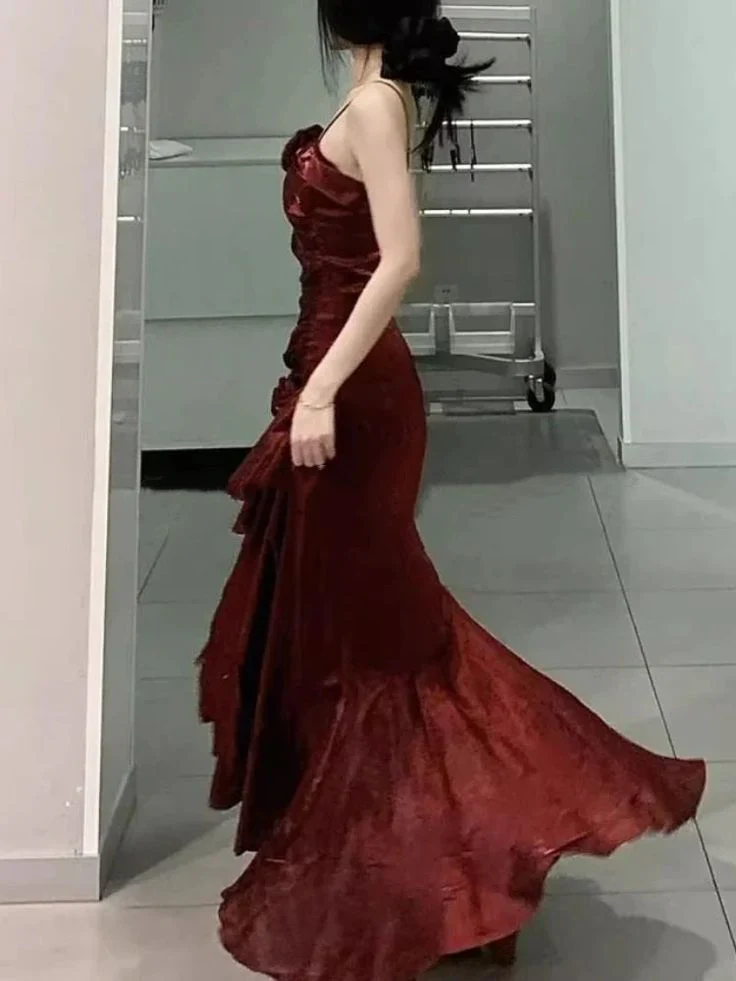 Elegant Mermaid Ruffles Spaghetti Straps Prom Dress With Flower,Formal Party Evening Dress cc1456