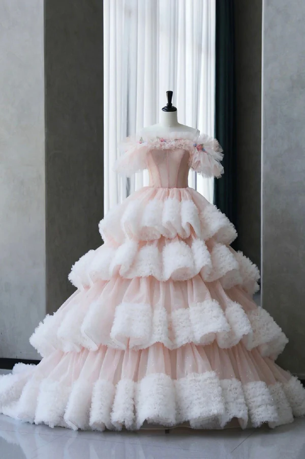 Classy Off The Shoulder Tulle Pleated Tiered Ball Gown Sweet Quinceanera Dress cc1771