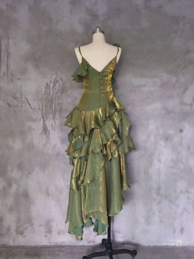 Vintage Green Asymmetrical Layered Flounce Spaghetti Strap Prom Dress Evening Gown cc1458
