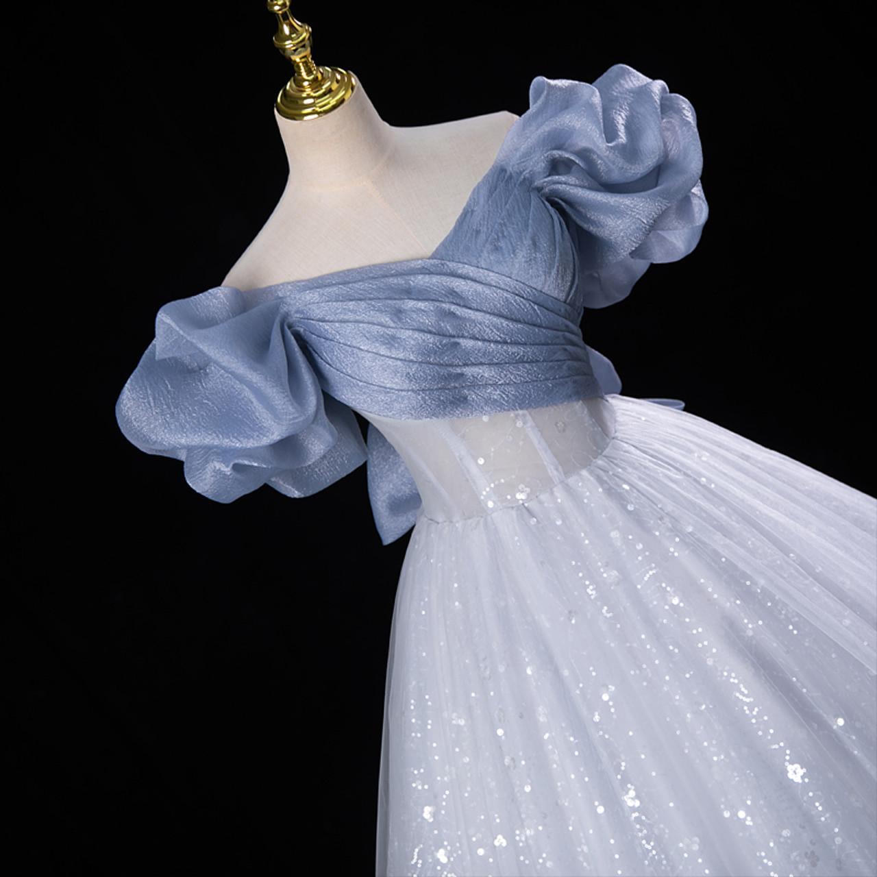 Fairy Blue Tulle Sequins Off the Shoulder Quinceanera Dress Cute Ball Gown With Bow cc1700